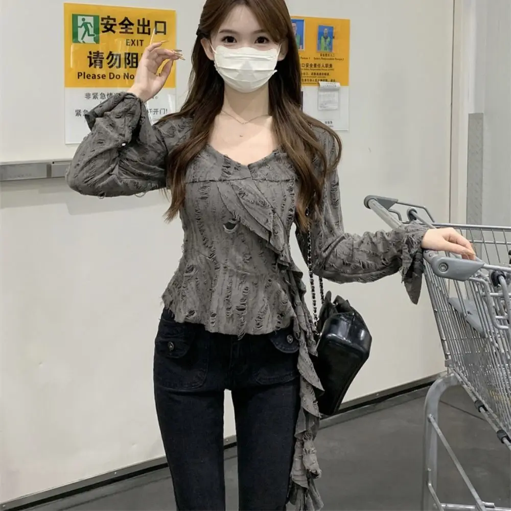 

Женская футболка с мягкими рукавами-колокол, асимметричная, плиссированная, базовая, с длинным рукавом, облегающая, в стиле ретро, сетчатая, с эффектом потертости