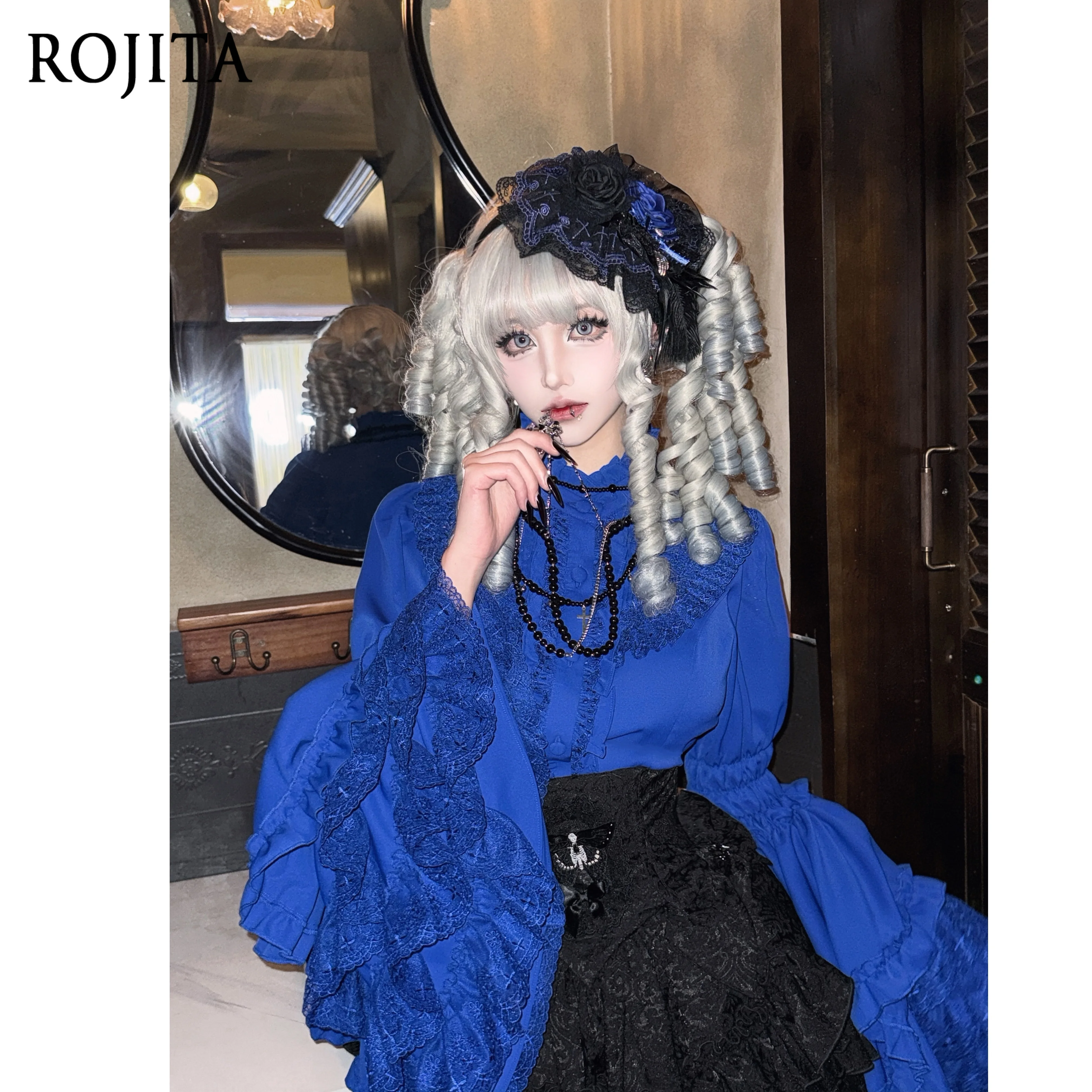 

Klein Blue Chiffon Women's Flared Sleeve Gothic Lolita Lace Luxurious Big Sleeve Long Sleeve Shirt Inner Top