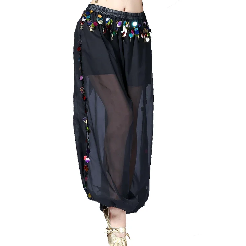 Women Belly Dance Coins Lantern Pants Side Slit Sequin Chiffon Pants Baggy Arabic Harem Pants Halloween Costume Party Dancewear