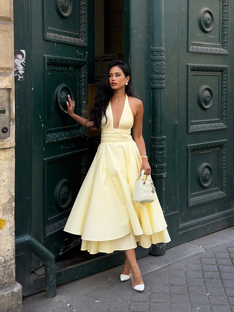 

Sexy Backless Deep V-neck Long Dress Women Elegant Solid Lace Up Waist-cinching Large Hem Party Dresses Lady Summer Chic Street