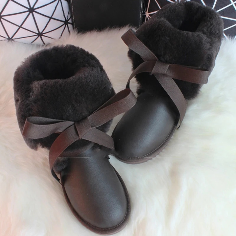 Winter Warm Plush Wool Women Short Boots Lolita Gothic Shoes Round Head Kawaii Girls Genuine Sheep Leather Snow Boot