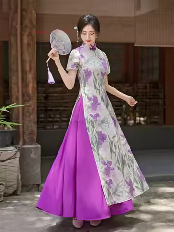2026 vietnam traditional dress aodai national flower print cheongsam oriental improved a-line qipao banquet evening aodai dress