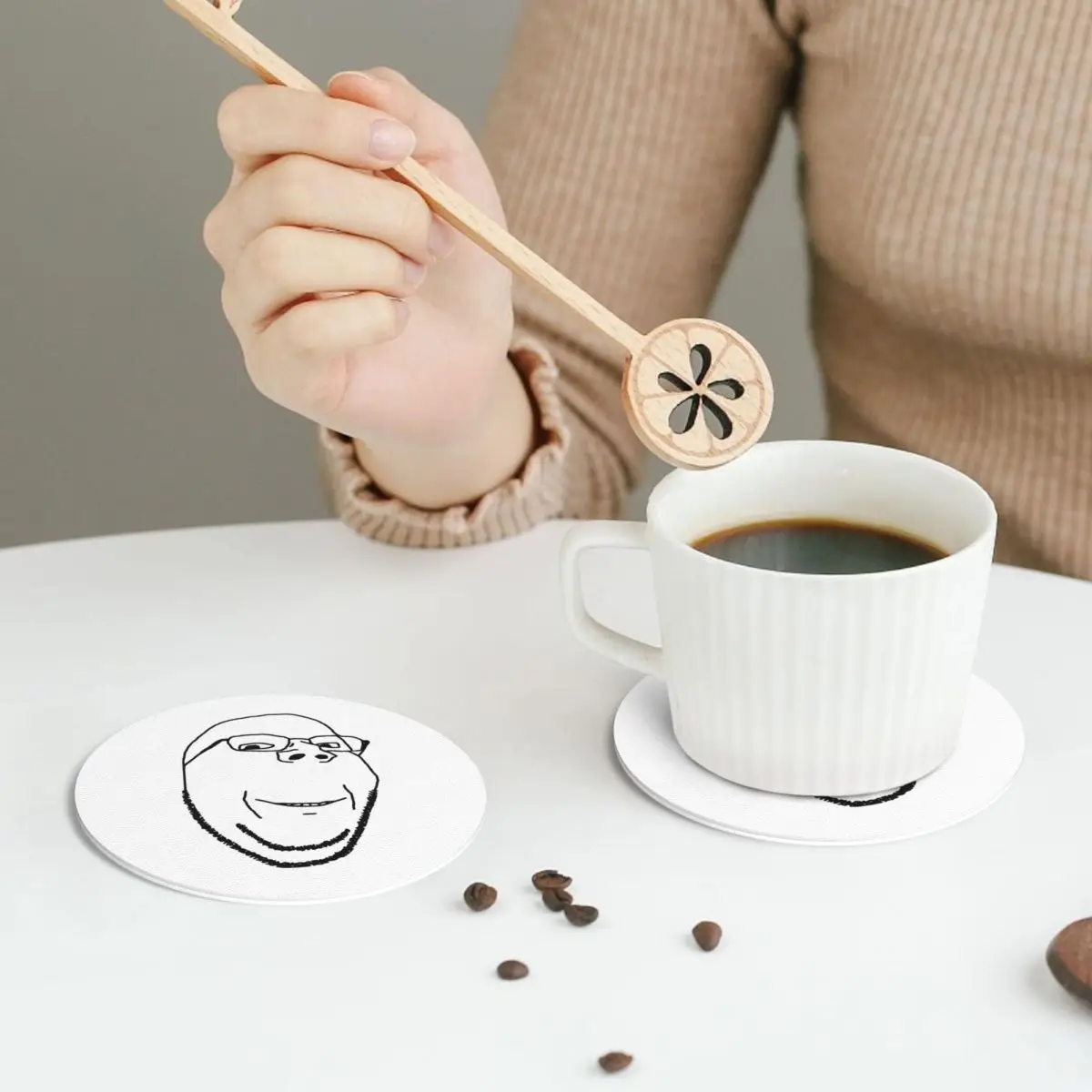 Smiling Wholesome Wojak Soyjak Coasters PVC Leather Placemats Insulation Coffee Mats for Home Kitchen Dining Pads Set of 6