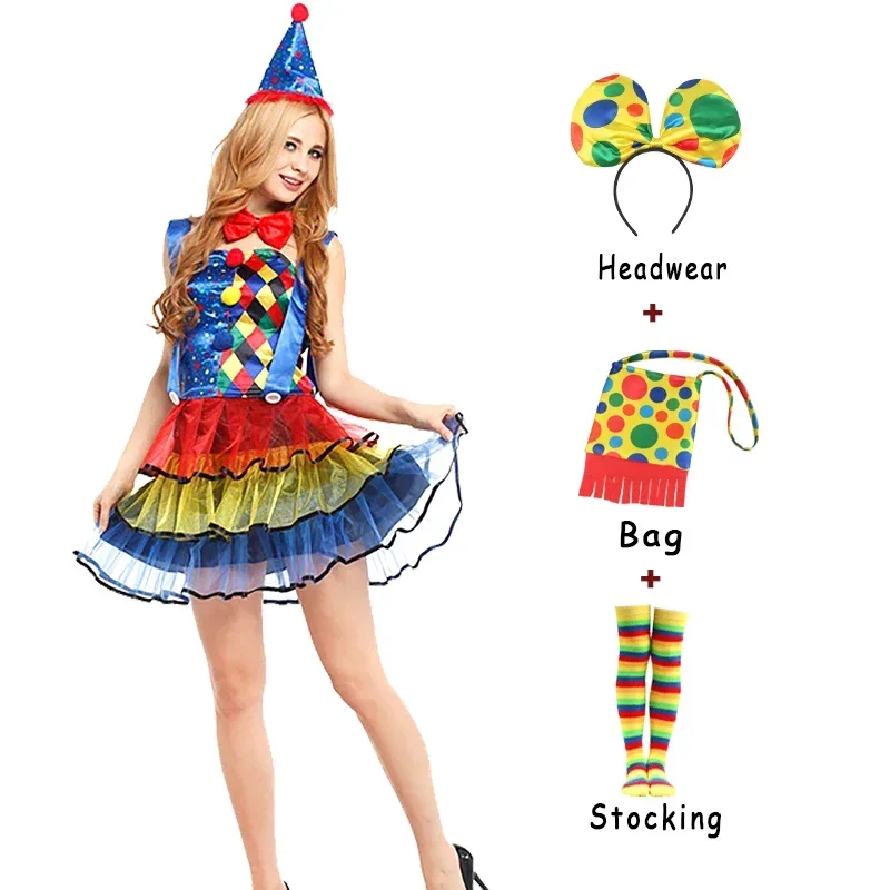 Adult Clown Costume Women for Cosplay Adult Party Carnival Adult Female Circus Clown Harlequin Cosplay Clothing