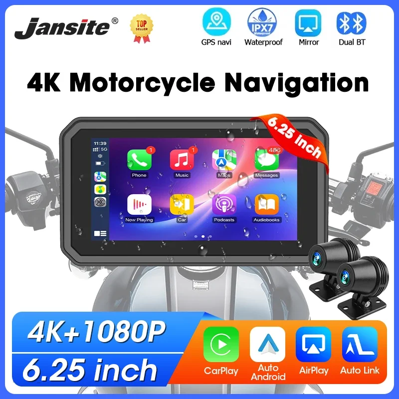 

Портативный 6,25-дюймовый GPS-навигатор для мотоциклов с беспроводной поддержкой CarPlay и Android Auto, поддержка 4K+1080P, двойная камера, видеорегистратор для мотоциклов, водонепроницаемость IPX7