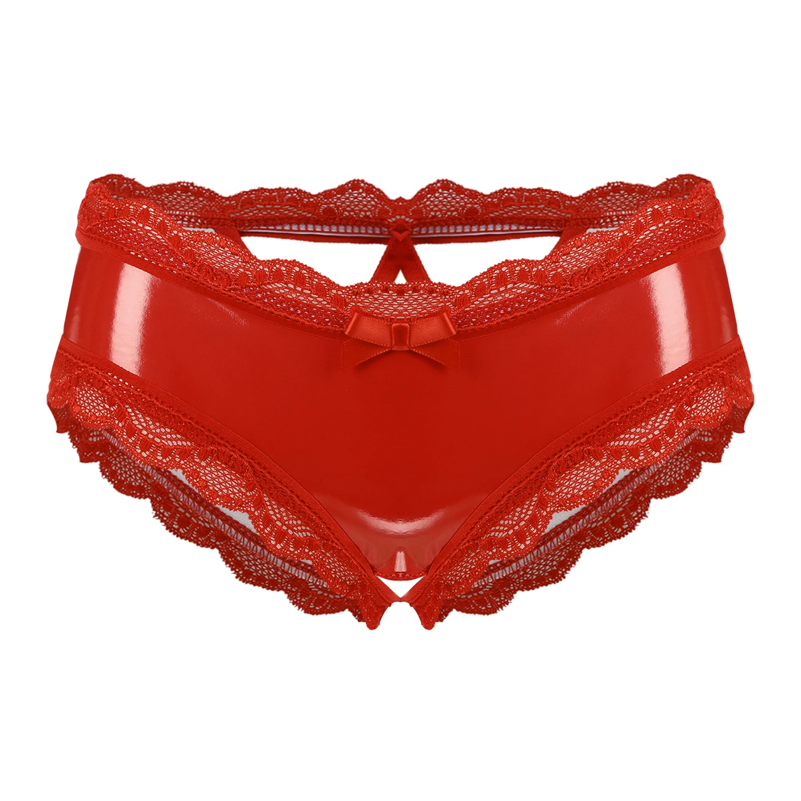 Womens Patent Leather Open Crotch Panties Wetlook Sexy Briefs Lingerie V-Back Lace Trim Latex Thongs Underwear Underpants