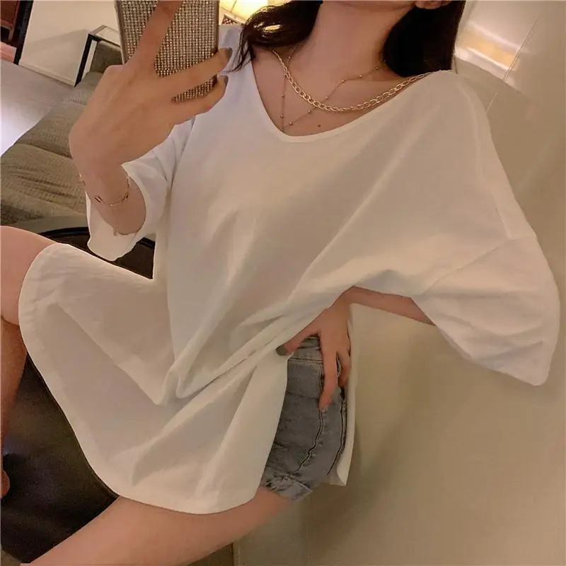 T-shirts Women Sexy Hotsweet Lazy Style Chain Design Summer Female V-neck Unique Streetwear Fashion Ulzzang Loose Solid Casual