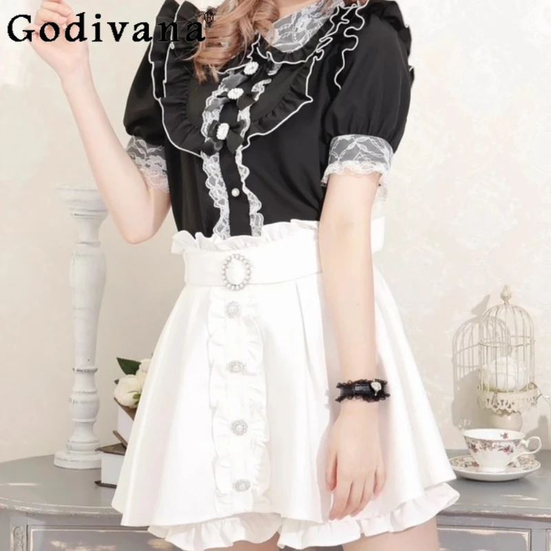 

Japanese Summer Short Sleeve Women's Lace Ruffles Bow Shirt This Year's New Sweet Peter Pan Collar Versatile Age-reducing Top