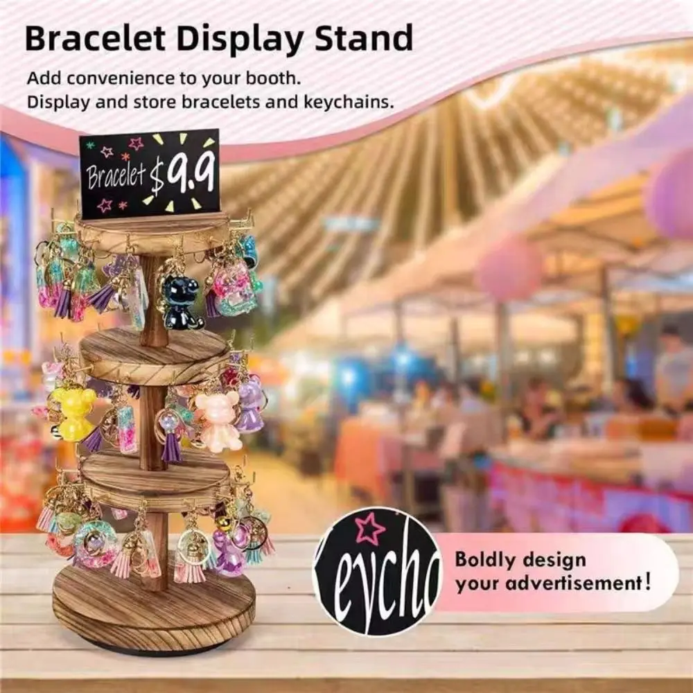 43*17.5cm Jewelry Display Stand 360° Rotatable Base Rustic Vintage Finish Wooden Necklace Display Stand Metal Hooks Multi-layer