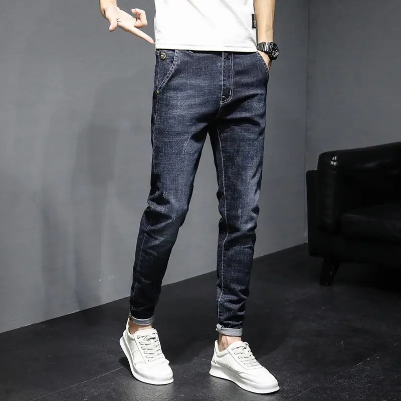 Spring and Autumn Dark Blue Casual Stylish Cargo Denim Harajuku Fashion Designer Clothes Men Slim Boyfriend  Men\'s Jeans Pants