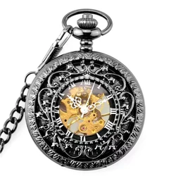 Luxury Mechanical Pocket Watch Hollow Case Roman Number Dial Mens Hand Wind Mechanical Pocket Watch With FOB Chain