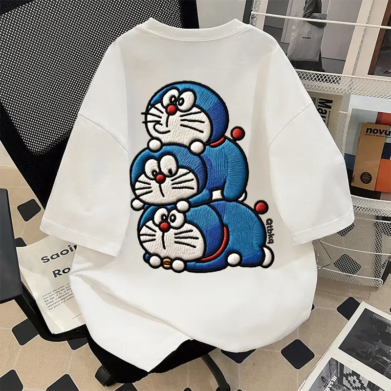 Camiseta de Doraemon con Bordado de Imitación, Manga Corta, Estilo Casual de Verano, Marca de Moda Urbana, Algodón Puro