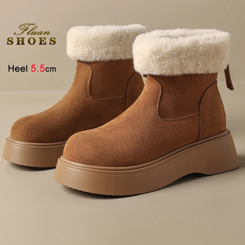 Otoño Invierno Color Camel botas de nieve para mujer punta redonda zapatos suaves y cálidos tacones de fondo grueso 5,5 cm botines cortos de felpa para mujer