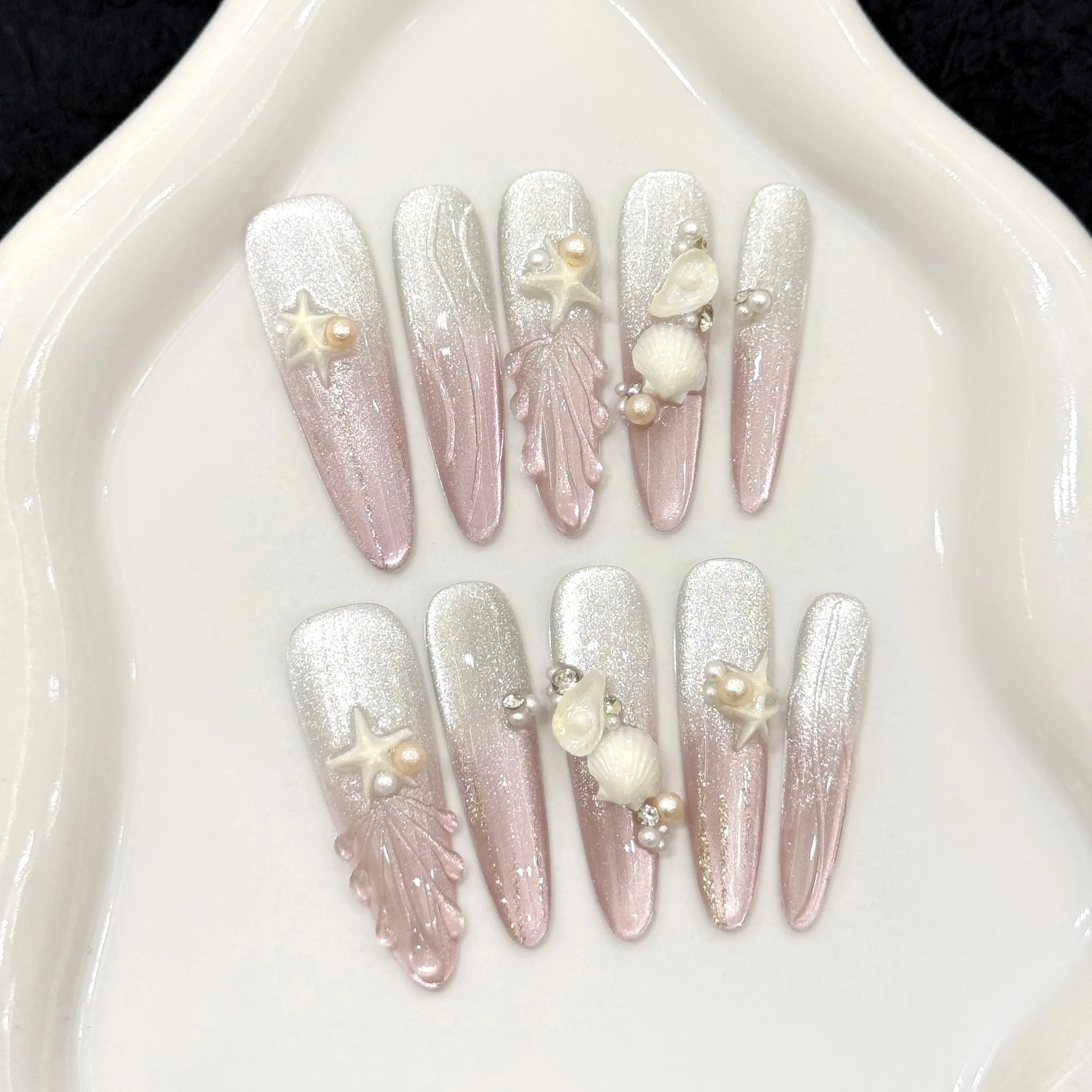 

10pcs Summer Beach Series Press On Nails Shiny Pink Seashell French Style Handmade False Nail 3D Starfish Shell Cat Eye Manicure