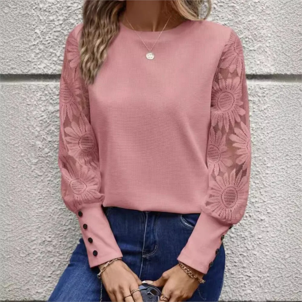 

Women Casual White Sweatshirt 2024 Solid Color Long Sleeve Embroidered Lace Hollow Splicing Waffle Round Neck Hoodie OL Clothing