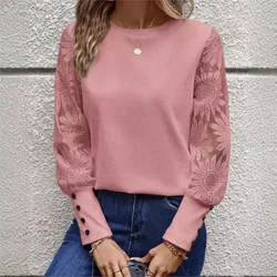 Women Casual White Sweatshirt 2024 Solid Color Long Sleeve Embroidered Lace Hollow Splicing Waffle Round Neck Hoodie OL Clothing