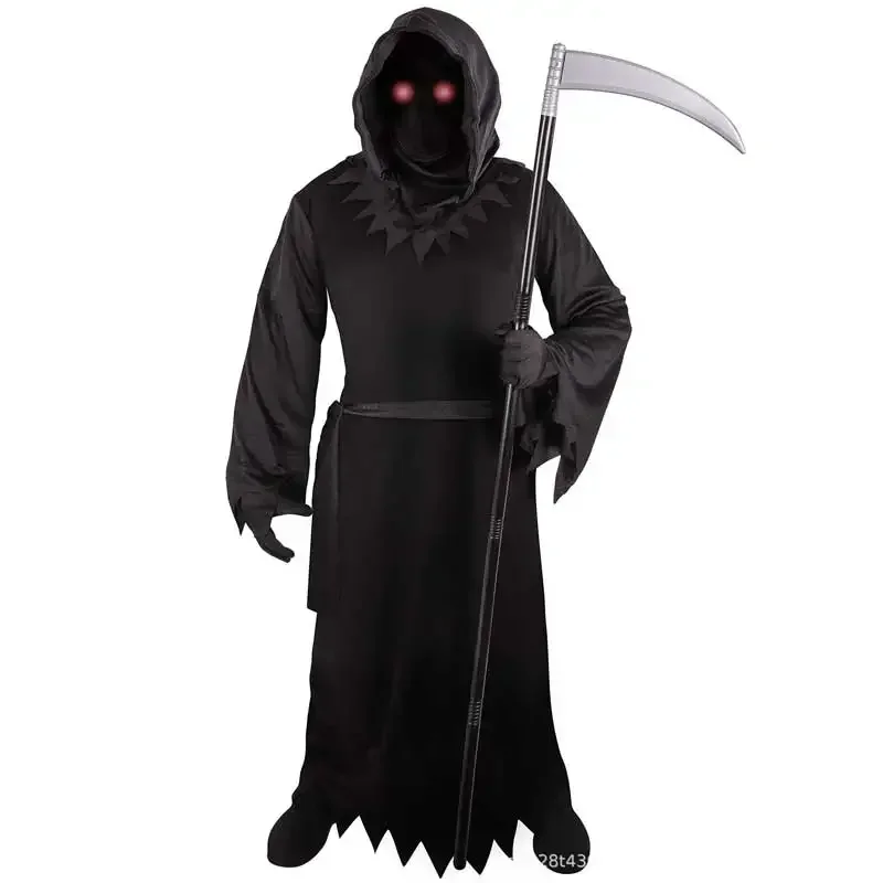 Meninos meninas grim reaper cosplay com chapéu máscaras olhos luminosos morte gancho foice festa terror traje de halloween cmmn11