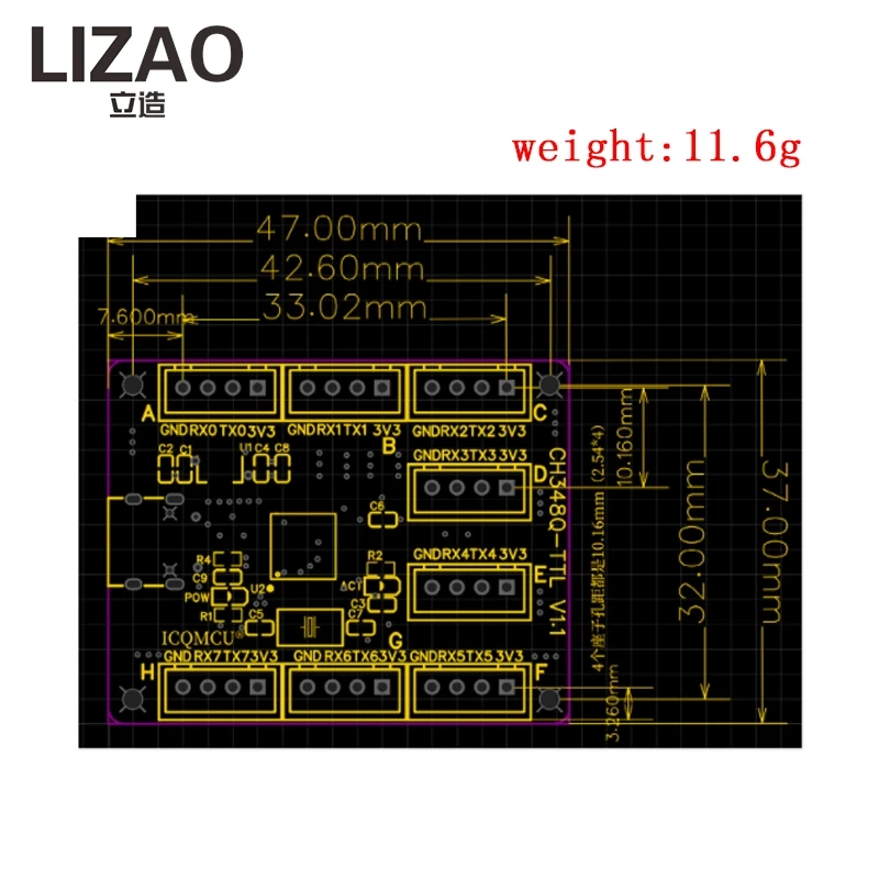 LIZAO 8-Channel USB to TTL Serial Module CH348Q Multi-Channel UART Converter Type-C Interface Serial Expansion Board