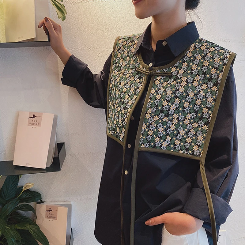 Women Embroidered Shoulder Scarf Shawl Wrap Floral Shirt Fake Collar Decorative