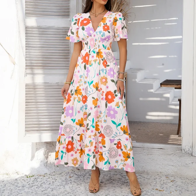 

Womens Dresses 2025 Summer Casual Bohemian Vacation Printed Contrasting V-Neck High Waisted Short Sleeved Daily Long Dress