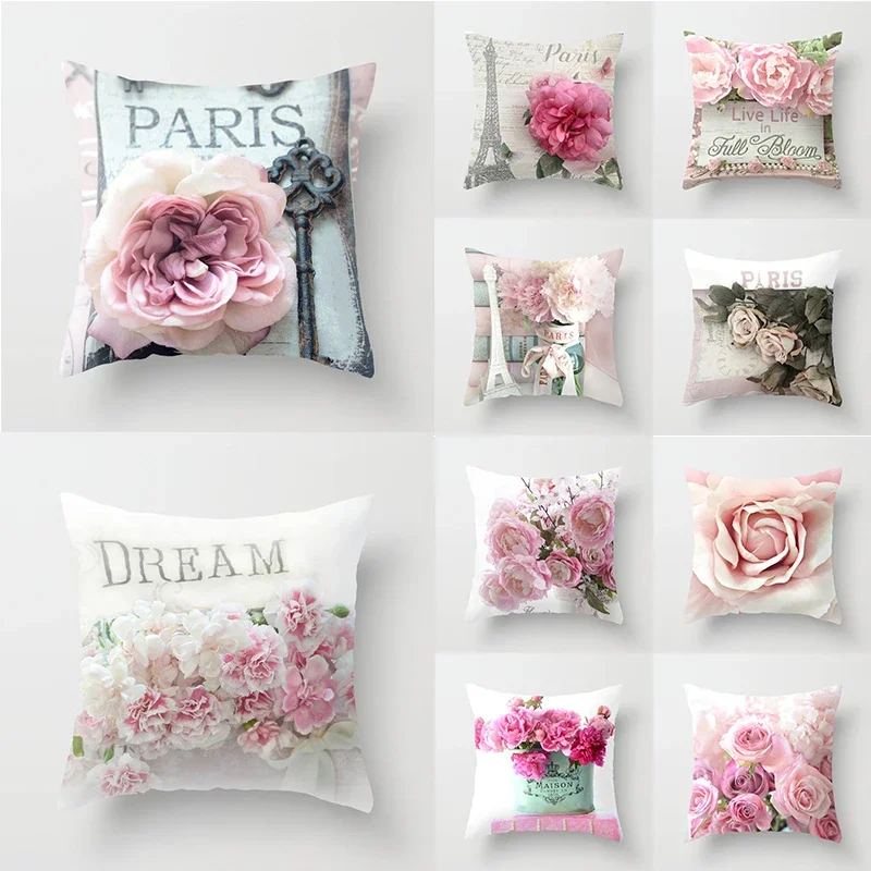 

Romantic Pink Flower Eiffel Tower Printed Soft Square Pillowslip Polyester Cushion Cover Pillowcase Living Room Home Decor