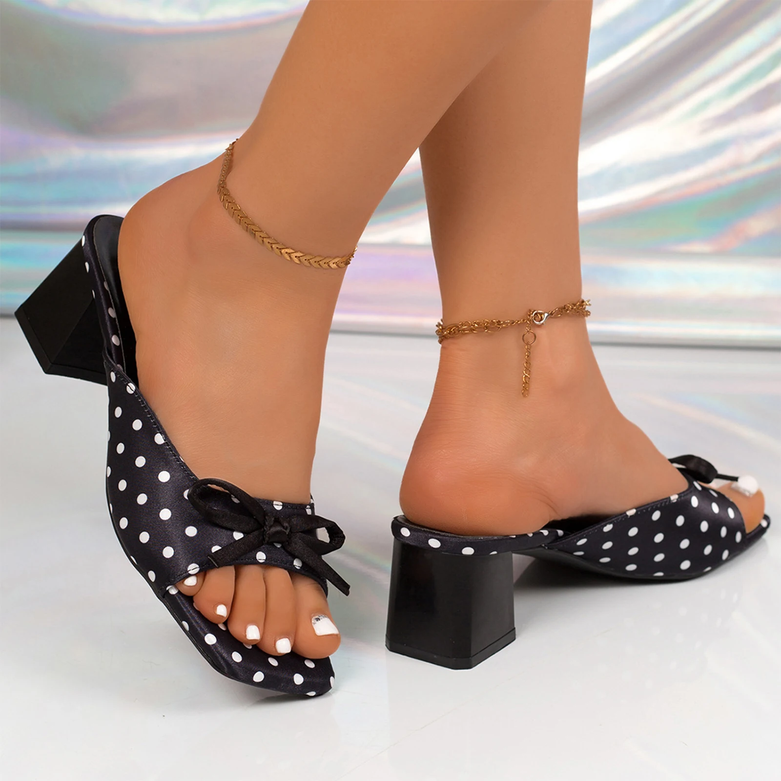 Women French Retro Polka Dot Bowknot Chunky Heel Open Toe Slippers Vintage Elegant Slip On Summer Party Wedding Mules view 3