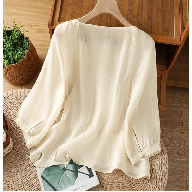Summer Cotton Linen Women's Blouse Loose Button Tee O-Neck Thin Shirt Three-quarter Sleeve Top Solid Retro Chinese Tea Clothing