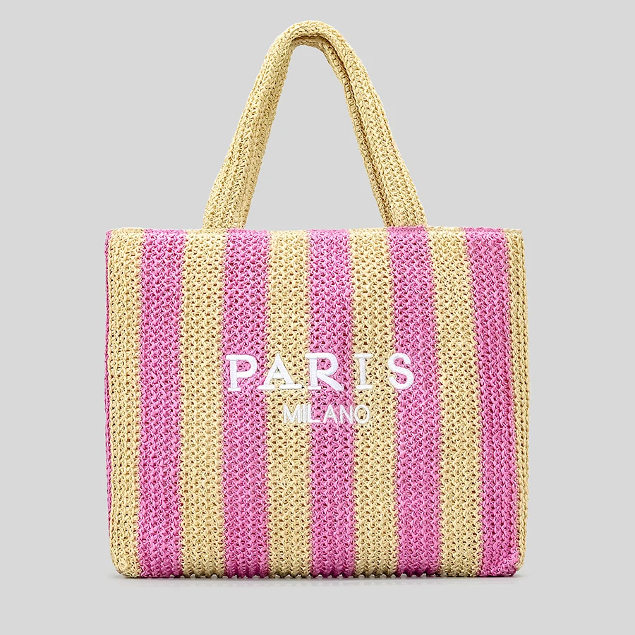 Bolso de paja a rayas con bordado de letras para mujer, bolsos de diseñador Bali, bolsos de playa de viaje, bolsos tejidos para mujer, bolso de hombro