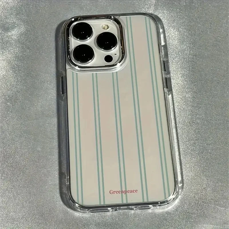 Funda de teléfono transparente con marco de lente de rayas verdes verticales para iPhone 11 12 13 14 15 16 17 Air Pro Max X Xs XR Max 7 8 Plus SE 16e