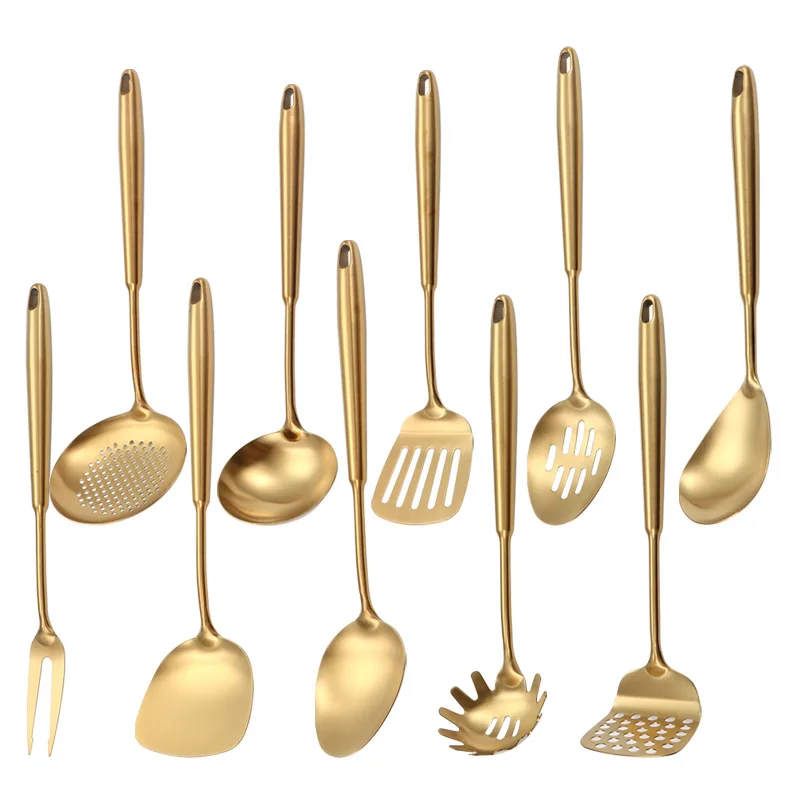 Stainless steel gold kitchenware set of 10 pieces, pot spatula, soup strainer, soup spoon, flat strainer, noodle scoop, potato