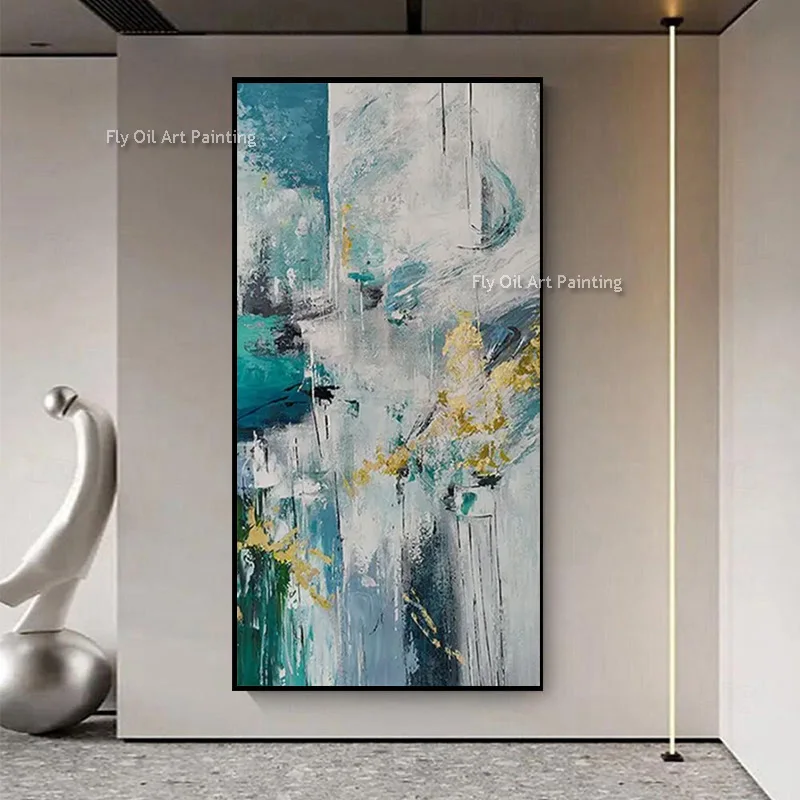 

Большие настенные декоративные элементы для дома: Новинка! Модный дизайн, зелено-белая холщовая картина, абстрактная сине-белая текстура, объемная масляная живопись
