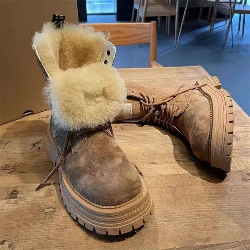 Fur Platform Snow Ankle Boots Flats Sneakers Warm Shoes 2025 Winter New Fashion Lace Up Suede Short Plush Walking Botas Mujer