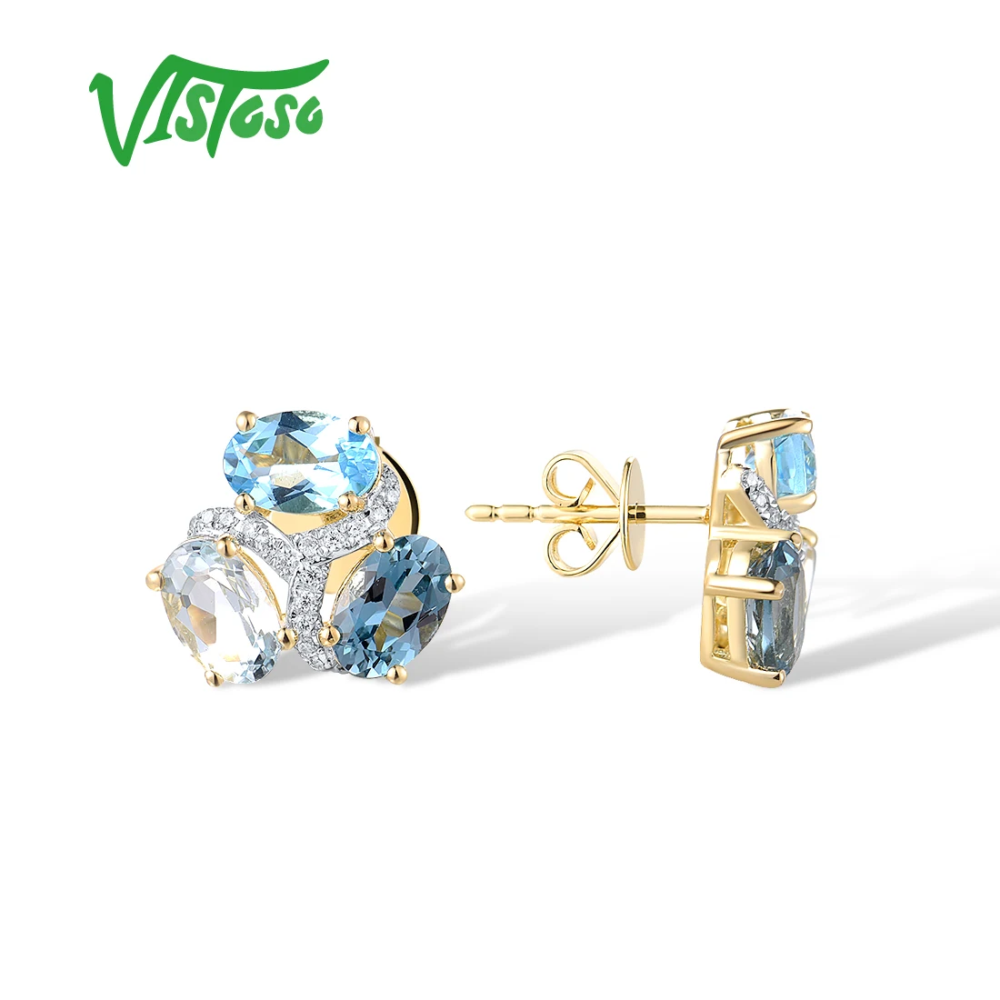 VISTOSO Authentic 14K 585 Yellow Gold Stud Earrings For Women Sparkling Diamonds Swiss Blue Topaz Delicate Wedding Fine Jewelry