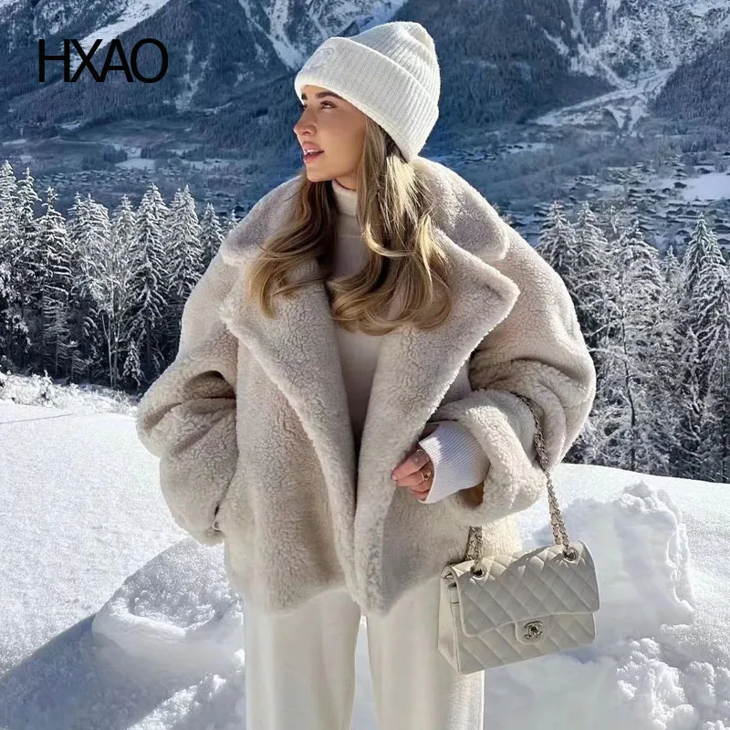 

Женская зимняя куртка HXAO с длинным рукавом, шерстяное пальто, укороченная куртка, элегантное спортивное пальто, женская плюшевая куртка, флисовая куртка, новые пальто