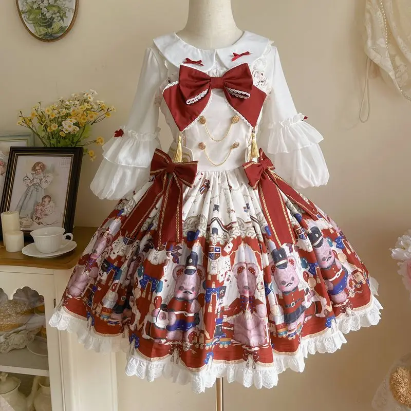 Kawaii Lolita Jsk Jurk Vrouwen Zoete Kanten Ruches Cartoon Beer Print Feest Mini Jurken Meisjes Victoriaanse Gothic Strik Prinses Jurk