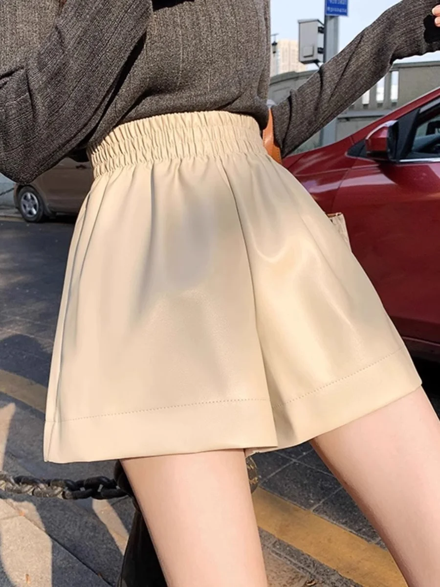 Autumn Winter Pu Leather Shorts Women High Waist A- label Casual Loose Shoes Fashionable Wide Leg Pants Korean Style