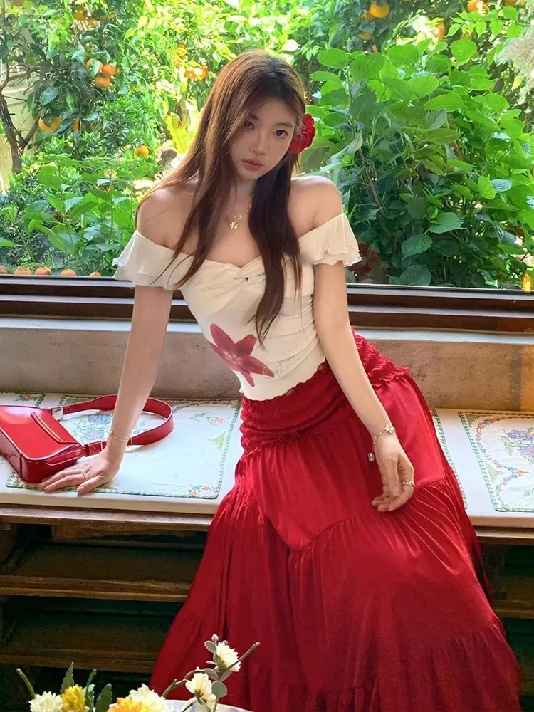 

Sexy Slash Neck Slim Tops 2 Piece Sets Y2K Femme Summer One Shoulder Tight Crop Tops High Waist Chic Patchwork A Line Skirt Suit