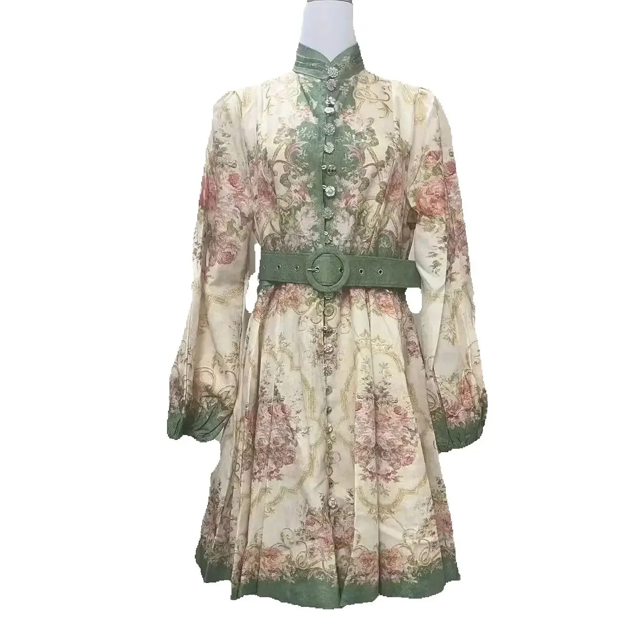 

，2025 In Stock New Positioned Printed Single Row Button Stand Collar Long Sleeve A Line Short Dress With Belt For Women