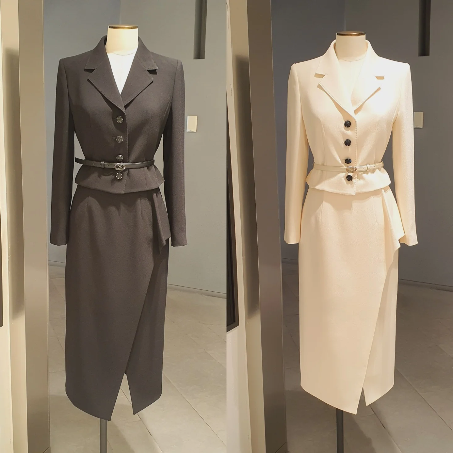

Slimming Suit And ter Skirt Set Commute Sle with Belt ort Coat V-Ne Design Long Sve Pure Color Women's Faion