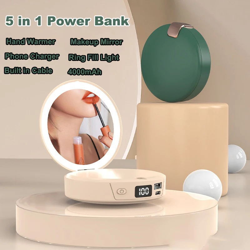5 in 1 Hand Warmer Power Bank Makeup Mirror with Light Built in Cable Portable Charger Powerbank for iPhone 17 16 Samsung Xiaomi