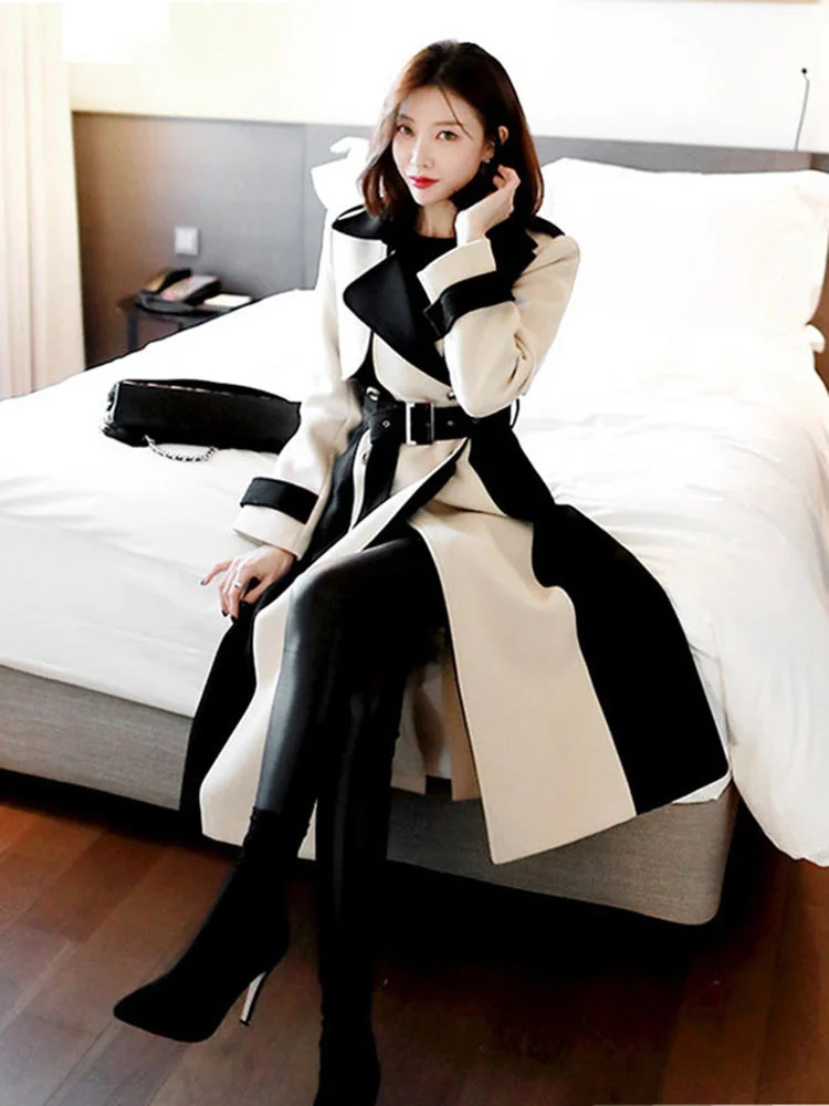 DEAT Woman Trench Coat Color Block With Belt Notched Full Sleeve Elegant High Street Style 2024 New Autumn Fashion 15TT172