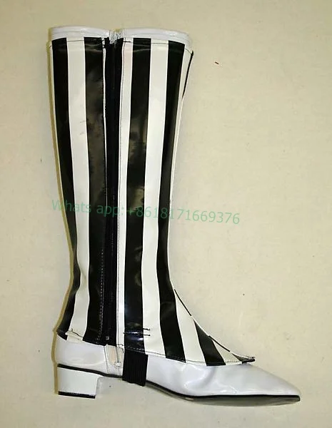 Luxury Low Heel Zebra Stripes Knee High Boots Women Design Round Toe Zip Sexy Boots 2023 Luxury Leather Shoes Dress Lady