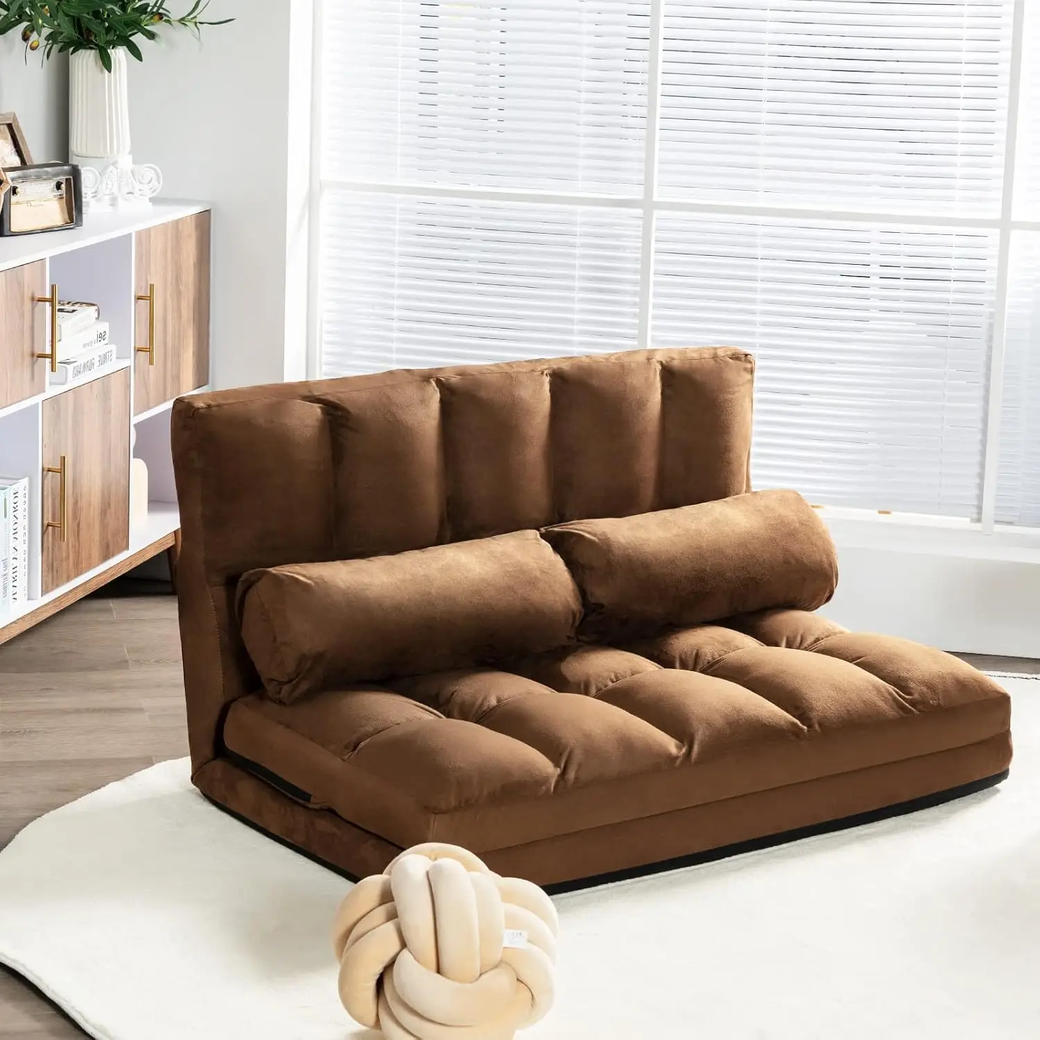 Adjustable Floor Sofa Bed, Foldable Lazy Sofa Sleeper Bed with 6 Position Backrest & 2 Pillows, Convertible Futon Couch Bed
