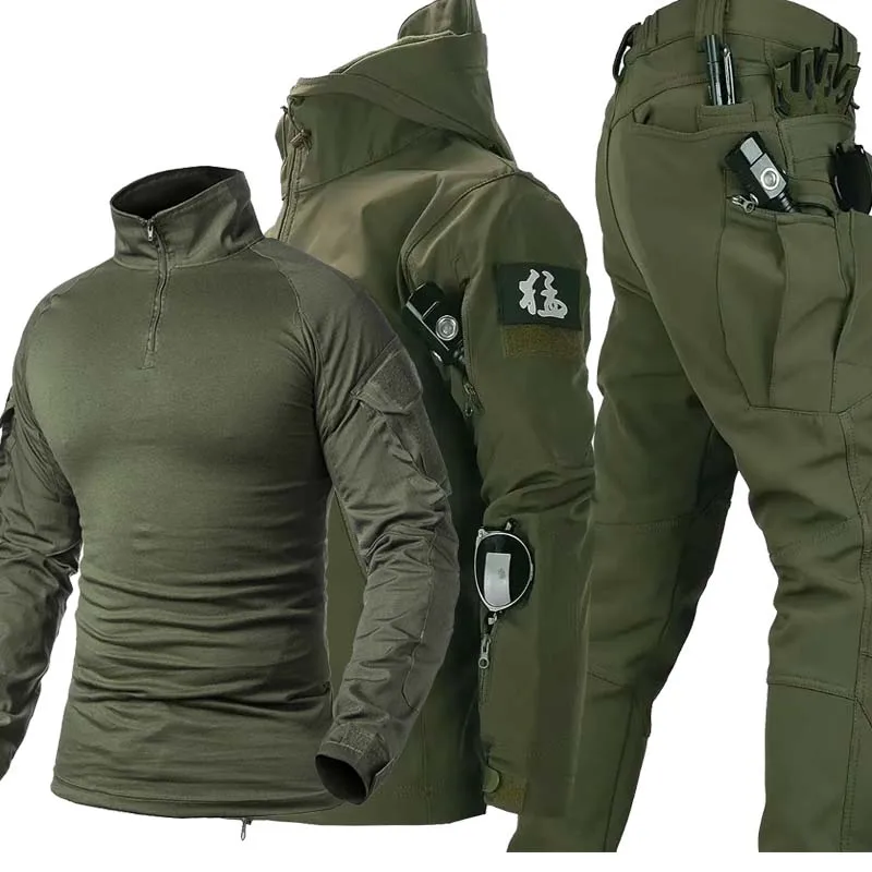 

Winter Men Fleece Soft Shell Sets Military Uniform Army Jackets Hooded Combats Shirts Cargo Pant Hunting Suits Wear-resisting
