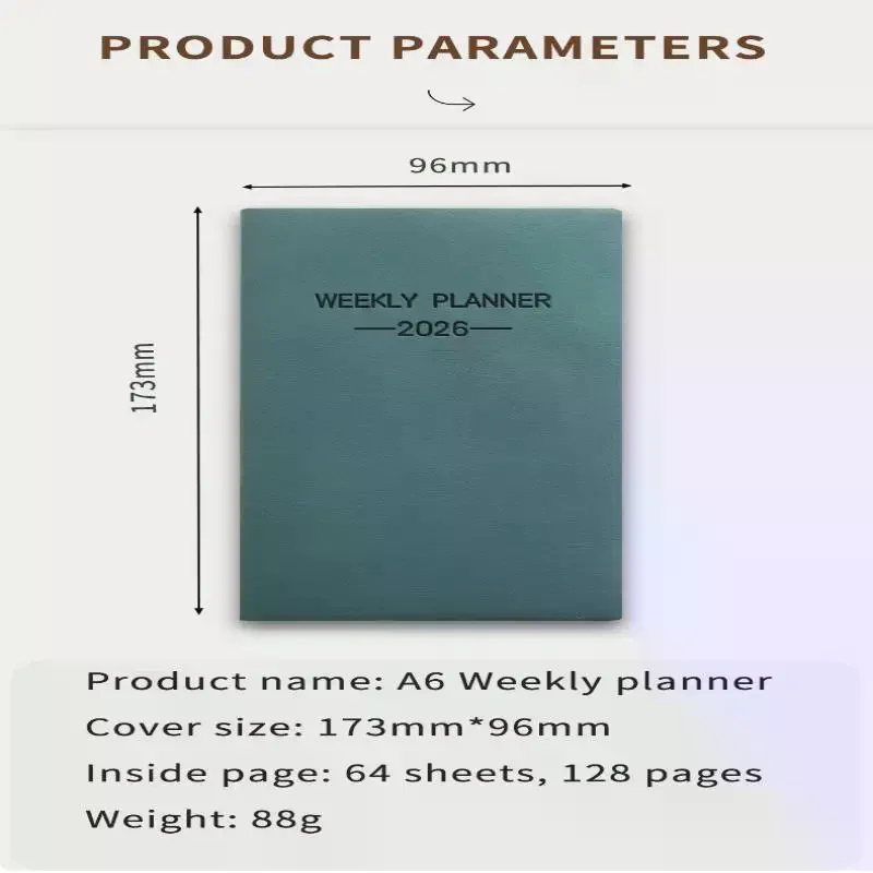 สมุดแพลนเนอร์รายวันขนาด A6 ปี 2026 1 เล่ม, ปฏิทินหนังสีโมรันดี, 64 แผ่น 128 หน้า สมุดปฏิทินรายสัปดาห์แบบบาง