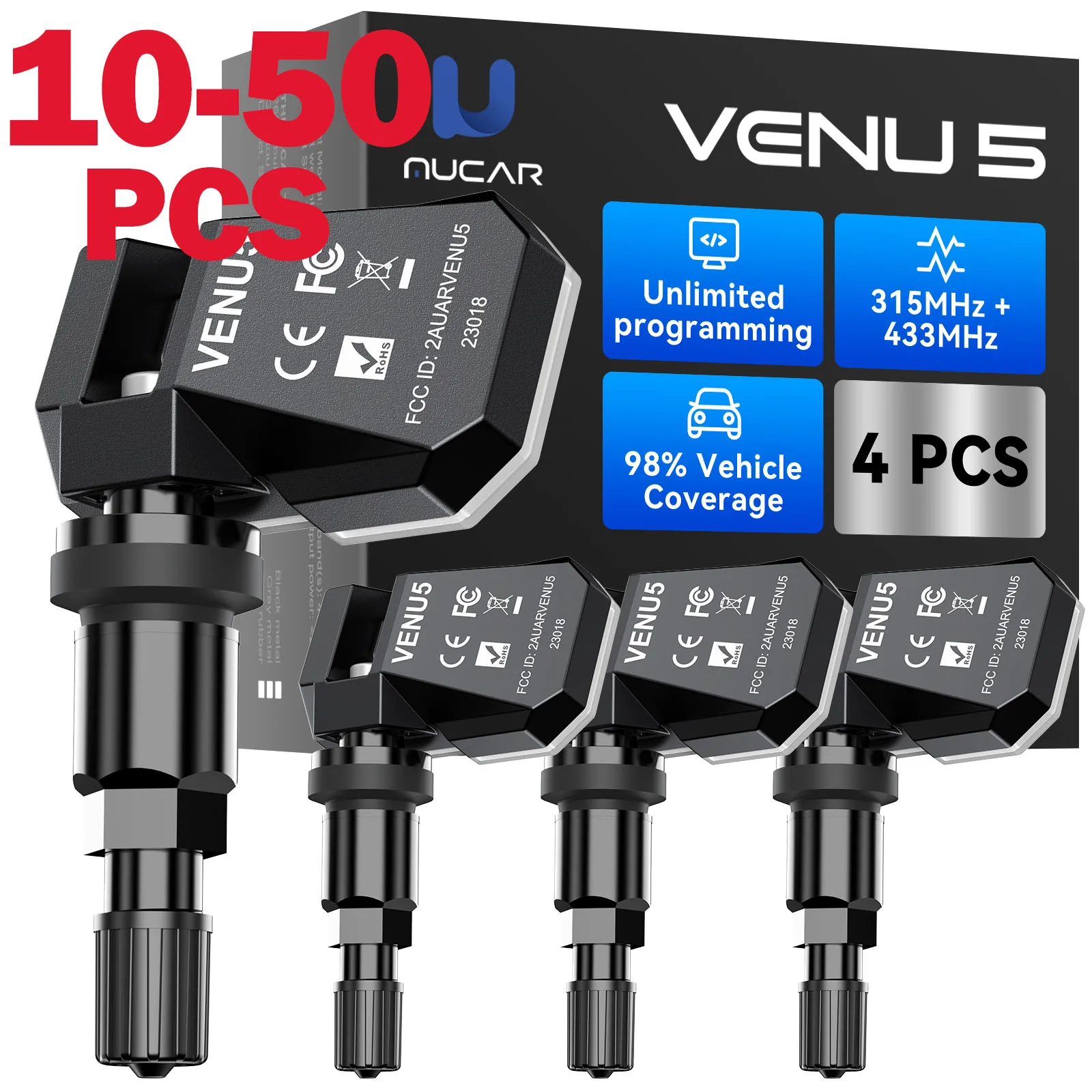 

Набор из 10-50 шт. датчиков MUCAR VENU 5 (433/315 МГц) TPMS 2-в-1: инструмент для ремонта шин, сканер, тестер давления в шинах, программатор