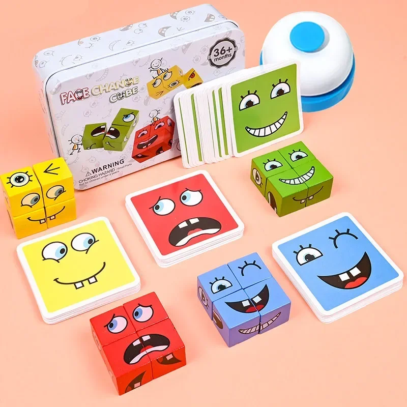 Cube Face Change Building Blocks Board Game Wood Puzzle Montessori Expression Wooden Blocks Blocos for Children Kids Toys Gift