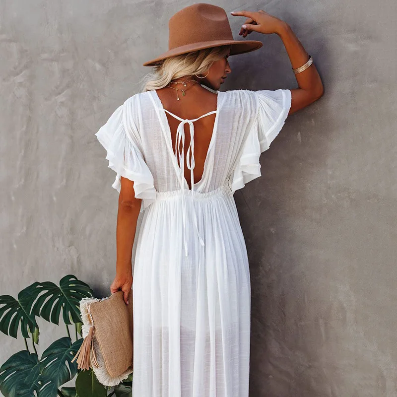Womens Plus Size Swimsuit Cover Up Deep V Neck Bathing Suit Swimwear Bikini Coverup Long Split Kaftan Kimono Dress