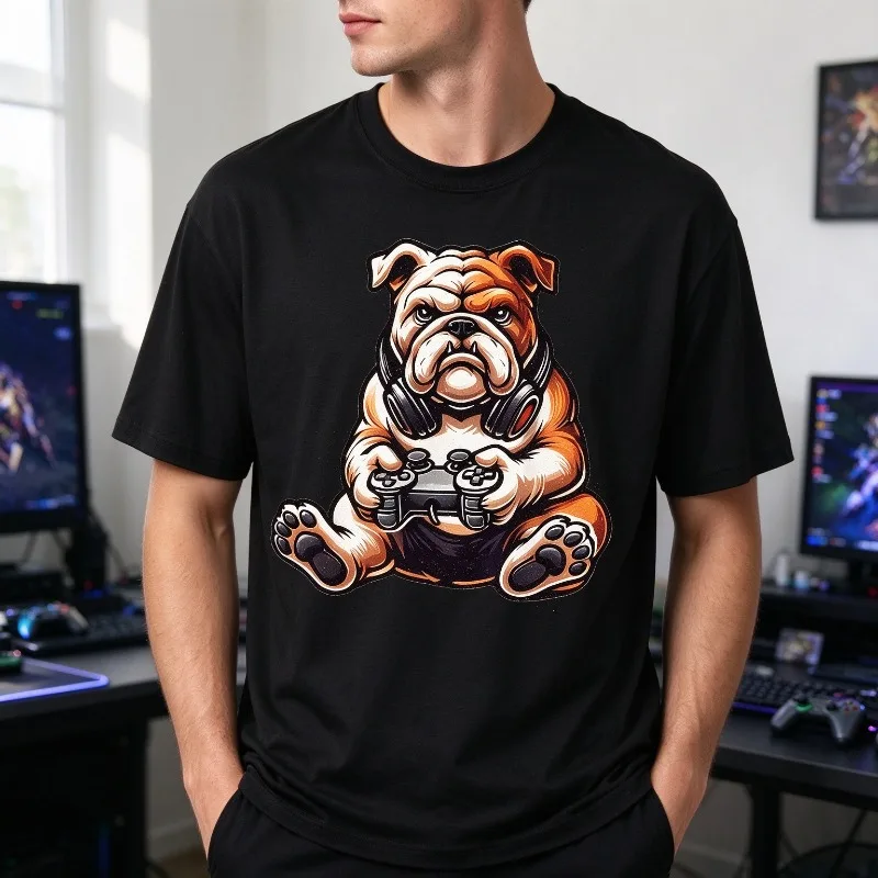Bulldog Gamer T Shirt Men Vintage Cartoon Print Soft Modal Crewneck Tee Fashion Streetwear Top Casual Family Game Day Custom