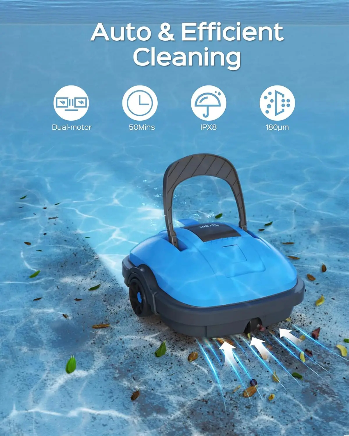 Cordless Robotic Pool Vacuum, Powerful Suction,180μm Fine Filter,Automatic Pool Cleaner, Self-Parking, for Above Ground Fl